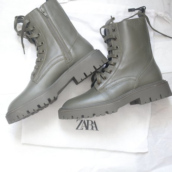 NWT LOW HEEL LACED genuine LEATHER ANKLE KHAKI GREEN BOOTS. - Picture 3 of 8